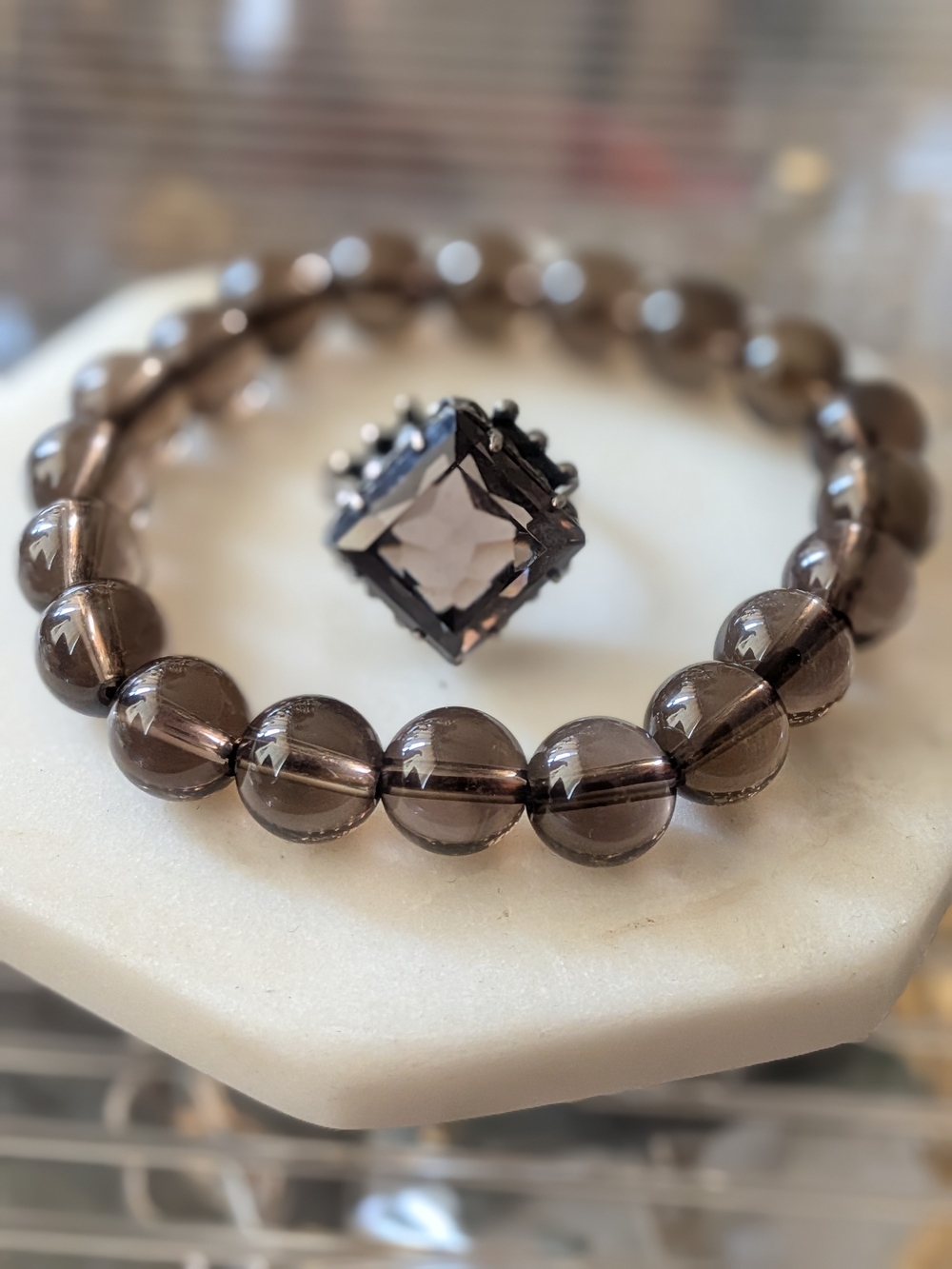 Vintage 925 Sterling Silver Smoky Quartz Statement Ring & Beaded Bracelet Set